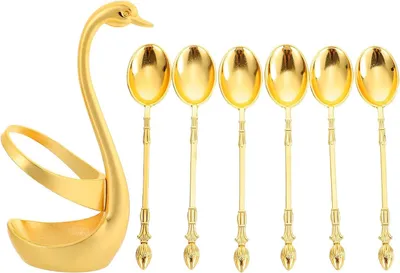 Produktbild von 6-teiliges Dessertlöffel-Set aus Goldlegierung mit Schwanenständer, rostfrei, elegant und funktional für den Esstisch