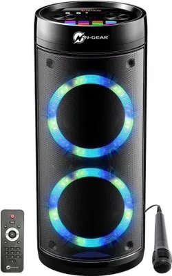 Zdjęcie produktu dla Przenośny głośnik Bluetooth – 600 W mocy – czarny – z mikrofonem do karaoke – stojący – z efektami świetlnymi LED – funkcja powerbanku