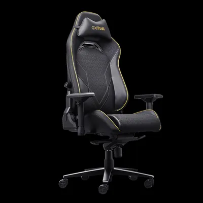 A gaming chair with a black and yellow design, presented against a black background.