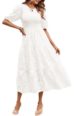 Produktbild von MEROKEETY Damen 2023 Sommer Puffärmel gesmoktes Blumenkleid Rundhalsausschnitt S