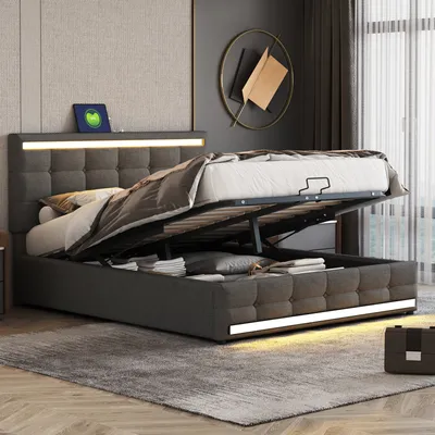 Produktbild von Flieks Polsterbett 140x200cm mit 2 USB, Boxspringbett Doppelbett mit Stauraum und Lattenrost, Jugendbett mit Led, Massivholzbett Funktionsbett, Leinen, Grau