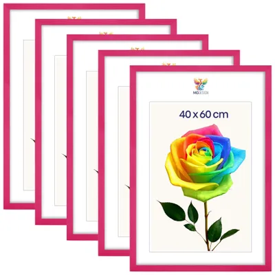 Obrázek produktu pro MG Design, sada 5 kusů rámečků na obrázky, rozměr 40 x 60 cm – rámečky na plakáty s růžovým rámem z masivního dřeva a odolným akrylovým sklem, vhodné pro vertikální i horizontální formáty, s robustním systémem pro zavěšení na zeď