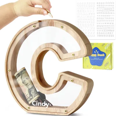 Spardose für Kinder, Holz, transparent, personalisierbar, 18x3x18 cm