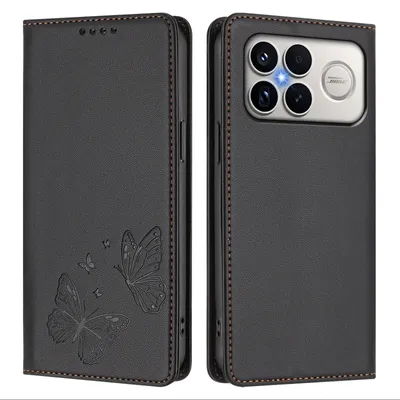 Image de Étui en cuir pour Xiaomi Poco F8 Ultra/Redmi K90 Pro Max, étui de protection type portefeuille en cuir gaufré « papillon » avec support, noir