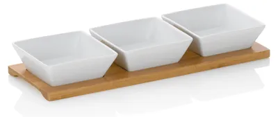 Porzellanschalen-Set mit Bambusbrett, 4 St., 33,5x12x5 cm, weiß