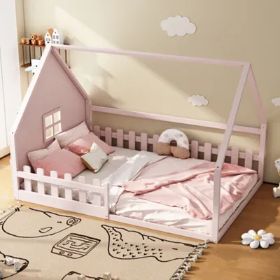 Produktbild von Kinderbett,Flachbett,140*200 cm,Hausleiste, Geländer, Kiefernholz, Rosa