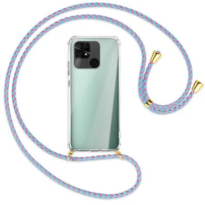 Produktbild von Handykette Backcover-Schutzhülle mit Band (Metall goldfarben) für Xiaomi Redmi 10C - pink/mint