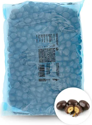 A large bag of chocolate-covered peanuts with a small inset showing a few of the chocolates, one of which is broken in half.