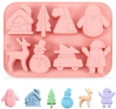Immagine prodotto di Set di 8 stampi in silicone a tema natalizio Ibenzoa®, con motivi di alberi di Natale, pupazzi di neve e renne, ideali per torte, biscotti, cioccolato e glassa