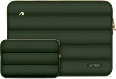 Two dark green laptop sleeves, one larger than the other, are placed side-by-side on a white background.