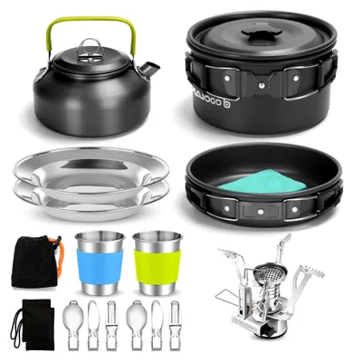 Produktbild von Camping Kochgeschirr Set mit Antihaft-Topf, Pfanne und Wasserkocher, Edelstahl Utensilien, Geschirrset für Outdoor Kochen