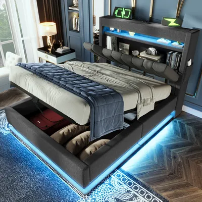 A modern bedroom with a bed featuring storage and LED lighting.