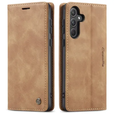 A brown leather-look phone case is shown from two angles, open and closed.