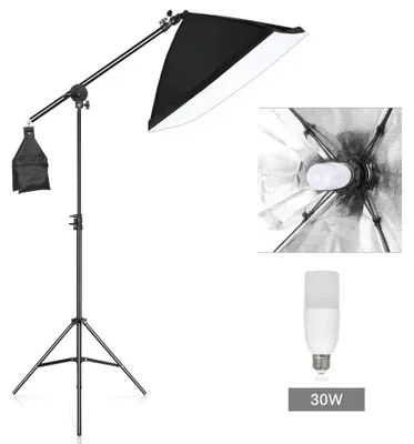 Image de Bras de trépied, longueur réglable, avec sac de sable, ampoule de 30 W et barrette