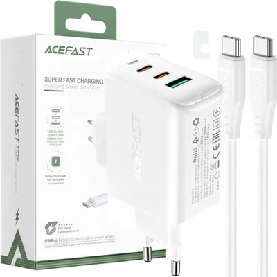 Obrázok produktu pre Acefast 2W1 Sieťová nabíjačka 2x Usb C / Usb 65W, Pd, Qc 3.0 + kábel biela