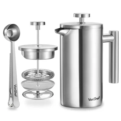 Produktbild von VonShef 6 Tassen Kaffeepresse, 800 m Isolierter Cafetiere aus Edelstahl Inkl. Messlöffel