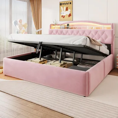 Produktbild von Polsterbett 180x200 cm, mit LED - Beleuchtung, mit USB - Anschluss, mit Stauraum, mit gepolstertem Kopfteil, Rosa