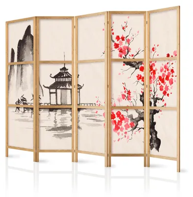 Immagine prodotto di Pannello divisorio giapponese, 5 ante, pieghevole, realizzato in tessuto non tessuto di alta qualità, motivo acquerello con fiori di ciliegio (sakura) e tempio, ideale per la camera da letto, dimensioni 225 cm x 172 cm