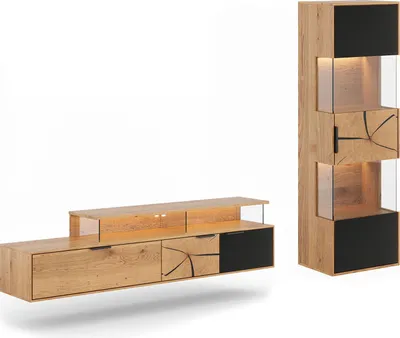 Produktbild von Wohnwand Tirano Wohnzimmer-Set Massivholz geölt Ausführung wählbar,Hängevitrine, Lowboard,Eiche Natur / Absetzung schwarz / Hirnholz