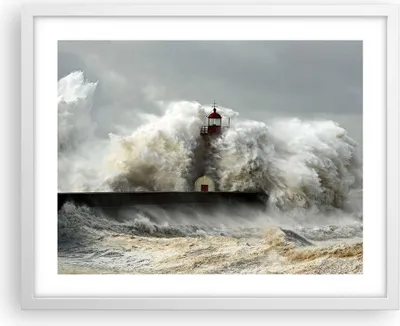 Produktbild von Gerahmtes Poster - Weißer Rahmen - Leuchtturm Ozean Sturm - 50x40 cm - Wand Bild - Wanddeko - Wandbilder - Kunstposter - Wandposter - Bilderrahmen - Bilder - Kunstdruck - Wandbild - P2WAA50x40-2442