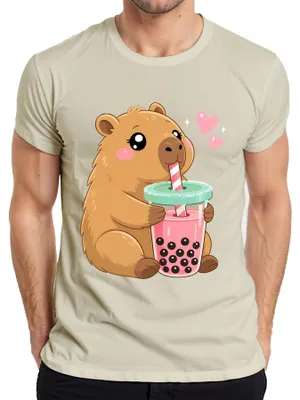 Obrázek produktu pro Tričko s potiskem "Kawaii Capybara Boba Bubble Tea Süß Wasserschwein" (Roztomilé kapybara, bobová čajová směs, sladké vodní prasátko), pro muže, barva: přírodní, velikost: M
