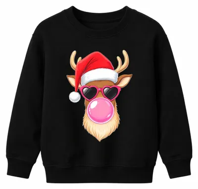 Imagen del producto de Sudadera con cuello redondo para niños, diseño de reno navideño con gafas de corazón de chicle y gorro de Navidad, color negro, talla 128