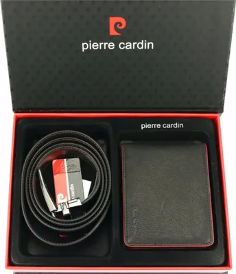 A gift set for men containing a belt and a wallet, presented in a black box with red trim.