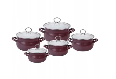 Produktbild von Emaille Topfset 10-teilig Bordaux-Rot | Kochtopfset Emailliert für Induktion & Gas | Emaille-Garnitur mit Glasdeckeln für gesundes Kochen