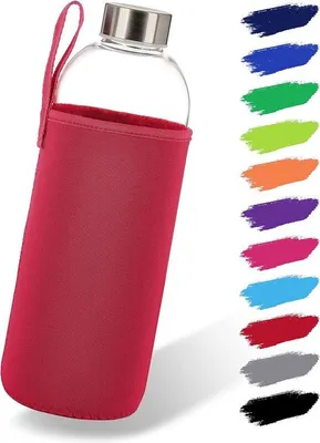 Image de Bouteille en verre Famanu, 1 litre, avec étui en néoprène - rouge