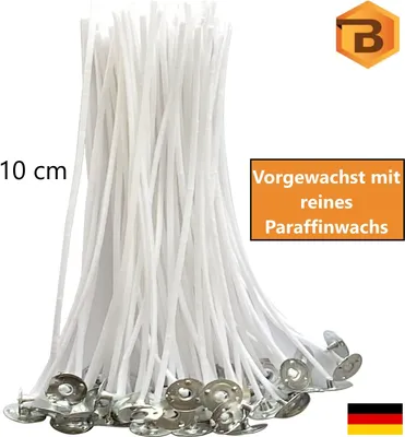 Produktbild von Kerzendochte 100 Stk. 10 cm lang mit Metallfuß ( 100% natürlich aus Baumwolle | 100 St. Candle Wick | Runddocht,Rauchfrei, ohne gefährliche Stoffe