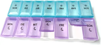 Produktbild von EWANTO Tablettenbox Pillendose Medikamtenbox 7 Tage morgens abends 14 Fächer hellblau/violett BPA-frei HA-36