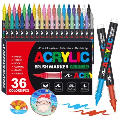 Image de Jeu de stylos acryliques, 36 couleurs, résistants à l'eau, pointe pinceau, séchage rapide, non toxiques, pour utilisation sur pierre, verre, céramique, bois, métal