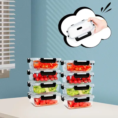Productafbeelding van Glazen vershoudcontainers met deksel - Set van 8 - 640 ml per stuk - Lekdicht - Geschikt voor de magnetron - Vrij van BPA - Stapelbaar - Rechthoekig - Zwart