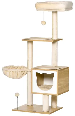 Obrázok produktu pre PawHut  Škrabadlo pre mačky s búdkou, výška 126 cm, sisal, krátky plyš, béžová farba