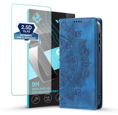 Produktbild von Mandala Handyhülle für Samsung Galaxy A18 / A18 5G RFID Schutz Klapphülle Case Cover Design Schutzhülle mit 9H Displayglas Farbe: Blau