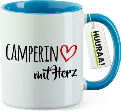 Produktbild von Huuraa Kaffeetasse Camperin mit Herz 330ml Blau Keramik Kaffeebecher Geschenkidee