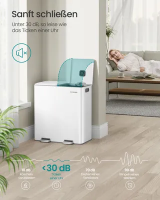Produktbild von Mülleimer Küche, 2 x 30 L, 2 Fächer, Mülltrennsystem, Softclose, herausnehmbare Inneneimer, Pedalen, Stahl, weiß