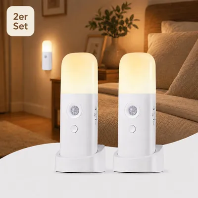 Produktbild von 2 Stück LED Nachtlicht mit Bewegungsmelder, 6M Sensorlicht, 5 Helligkeitsstufen & 3 Modi (inkl. SOS) – Bis zu 6 Monate Akkulaufzeit, USB-C Aufladung