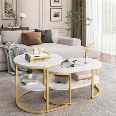 Image de INONEFT, ensemble de 2 tables basses, aspect marbre, table d'appoint ovale avec espace de rangement, table de salon avec structure métallique, ensemble de tables, table d'appoint pour canapé, finition dorée