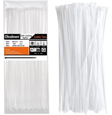 Immagine prodotto di Fascette stringicavo, 100 pezzi, 250 mm x 3,6 mm, colore bianco, resistenti ai raggi UV, in nylon, resistenza alla trazione: 18 kg