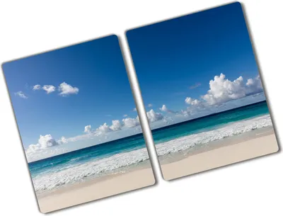 Produktbild von Tulup Glas Herdabdeckplatte - 2x40x52 cm - Glaskeramikkochfeld-Abdeckung Spritzschutz Glasabdeckplatte Kochplattenabdeckung und Schneidebrett - Zweiteilig - Landschaften - Seychellen Strand - Blau