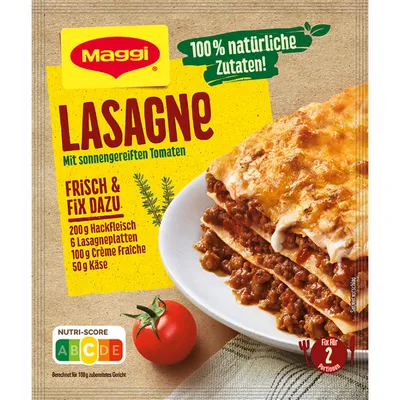 A package of Maggi Fix for Lasagne with a prepared lasagna on a plate.