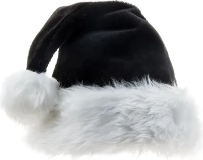 A black and white Santa hat is shown against a white background.