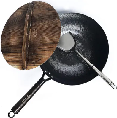 Image de Wok en acier au carbone - Convient à tous les types de cuisinières - Couvercle et spatule inclus - 1 pièce - H63 cm