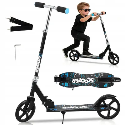 Image de Trottinette pour enfants, trottinette, trottinette de ville, trottinette à pédales, trottinette pliable, trottinette réglable en hauteur, noir, bleu