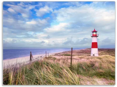 Produktbild von Wallario Glasunterlage, Schneidebrett aus Glas, Größe 30 x 40 cm, Motiv Leuchtturm am Strand von Sylt
