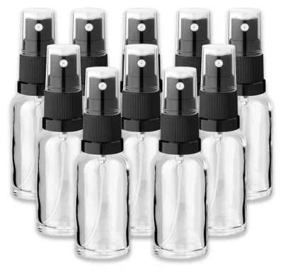 Produktbild von 10x Klare Glasflasche 30 ml mit schwarzem Zerstäuber Sprühkopf Spray
