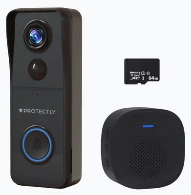 Productafbeelding van Protectly® Slimme Draadloze Video Deurbel Met Camera - Deurbellen Met Camera - Deurbel Draadloos WiFi - Waterdicht - Incl. Gong - Incl. 64GB SD - Geen abonnement - 4K Ultra HD