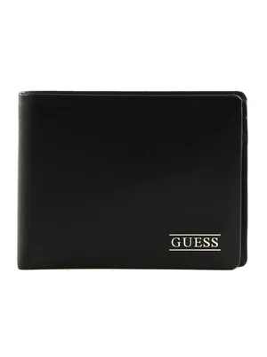 A black Guess wallet is shown against a white background.