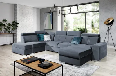 Produktbild von Wohnlandschaft Schlafsofa NOLAN inkl USB Stoff Monolith Blaugrau Ottomane Rechts